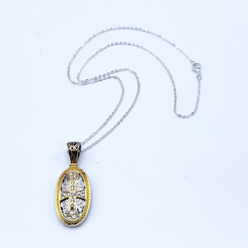Oval Cross Pendant Necklace Cubic Zirconia Gold Tone Silver Tone 19" Chain Faith